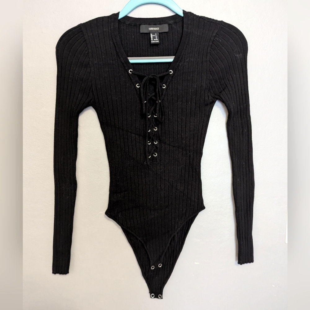 Black Lace-Up V-Neck Sweater Bodysuit